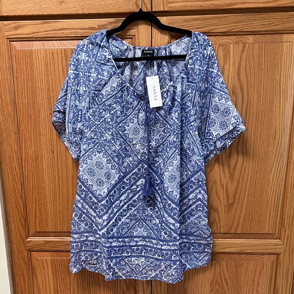 Evans Blue Patterned Women's Blouse, NWT, Size 16